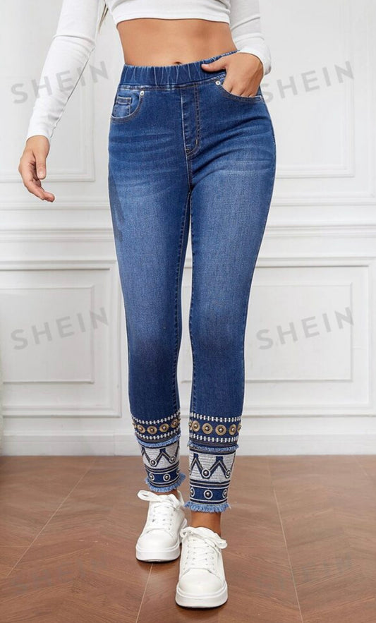 Jeans ajustados de talle alto con estampado geométrico 1488